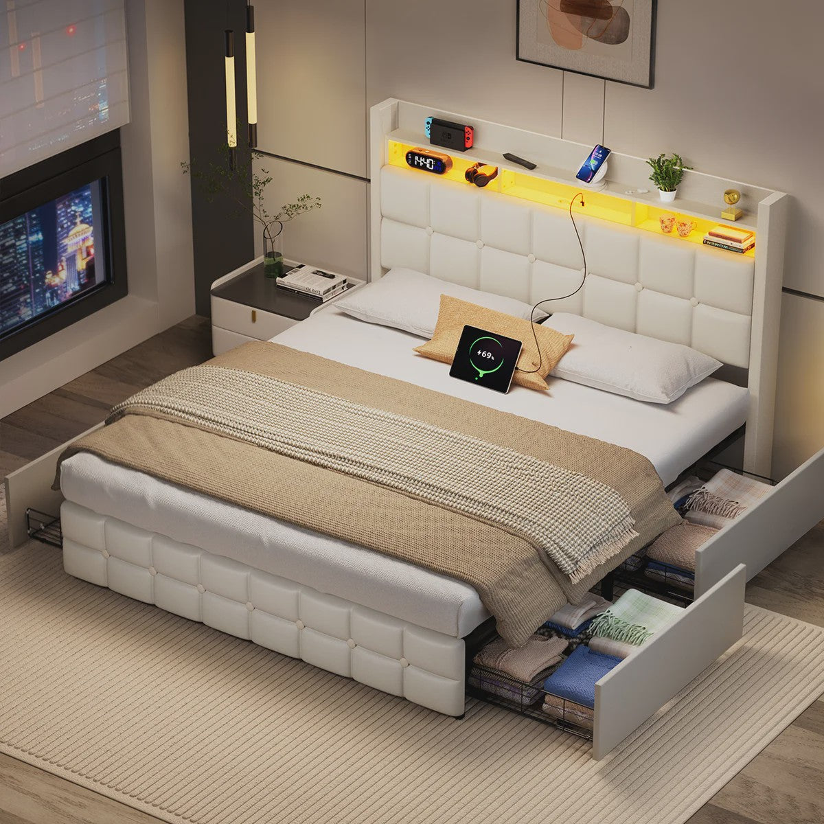 Luxe Gestoffeerd 2-Persoons Bed 140x190cm met PU Hoofdbord, LED Verlichting, USB & Opbergruimte