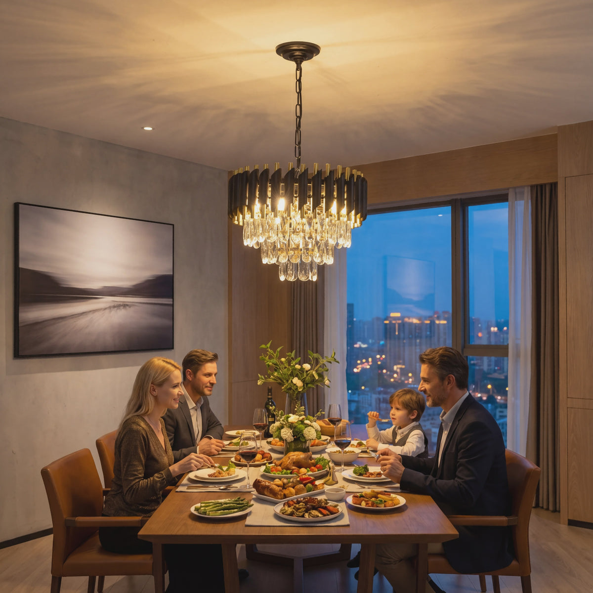 Luxe Zwarte & Gouden Kristallen Kroonluchter met Verstelbare Ketting - Stijlvolle Hanglamp