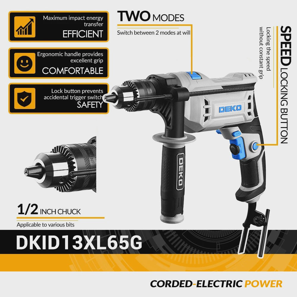 DEKO DKID13XL65G Klopboormachine 650W - 2 Functies: Boren & Schroeven