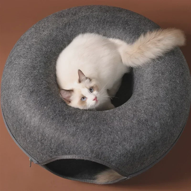 Felt Donut Kattenmand - 2-in-1 Huisje, Tunnel & Speelplek voor Katten en Kleine Honden