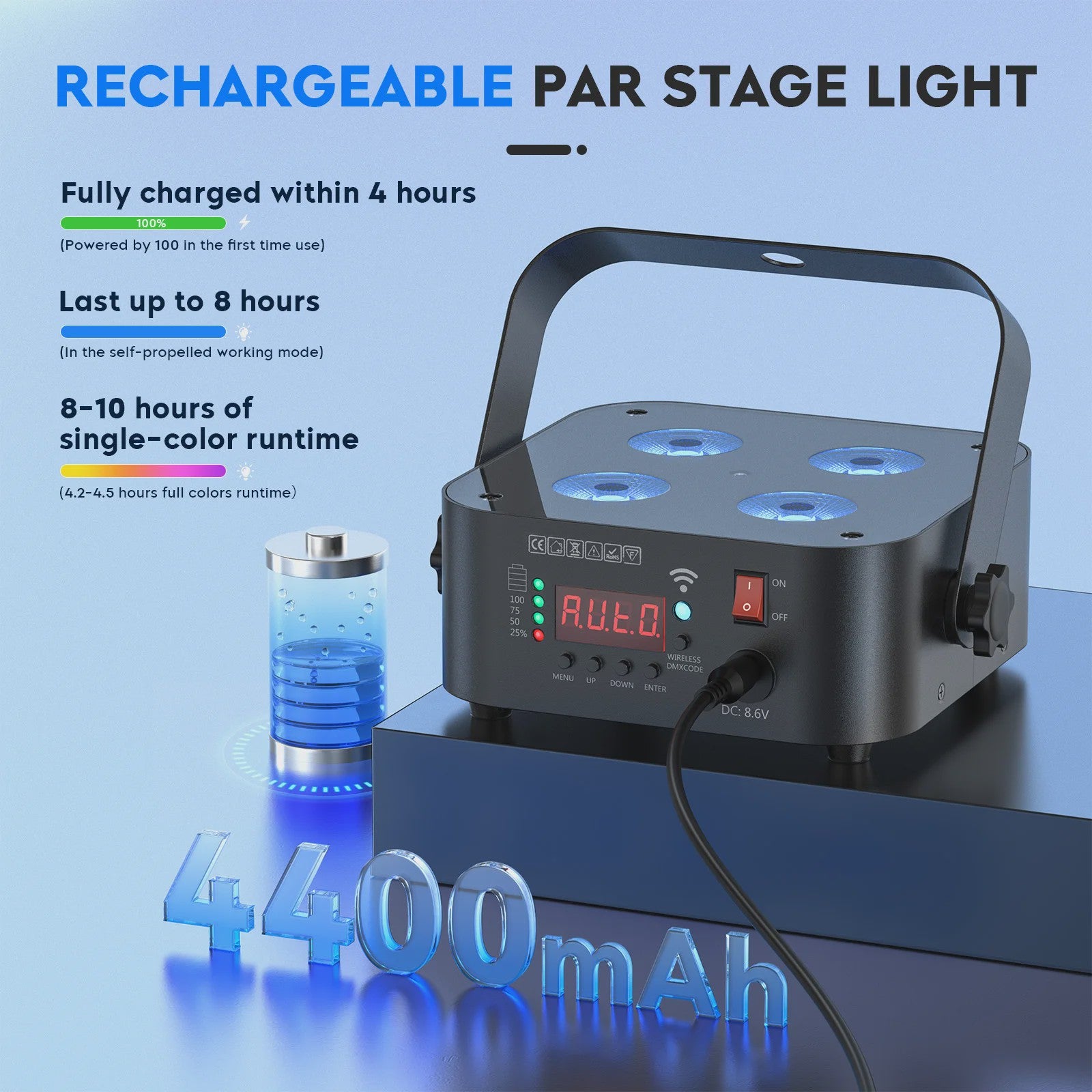 Set van 8 Oplaadbare Mini Par LED Spots (4x18W RGBWAUV) met Flightcase