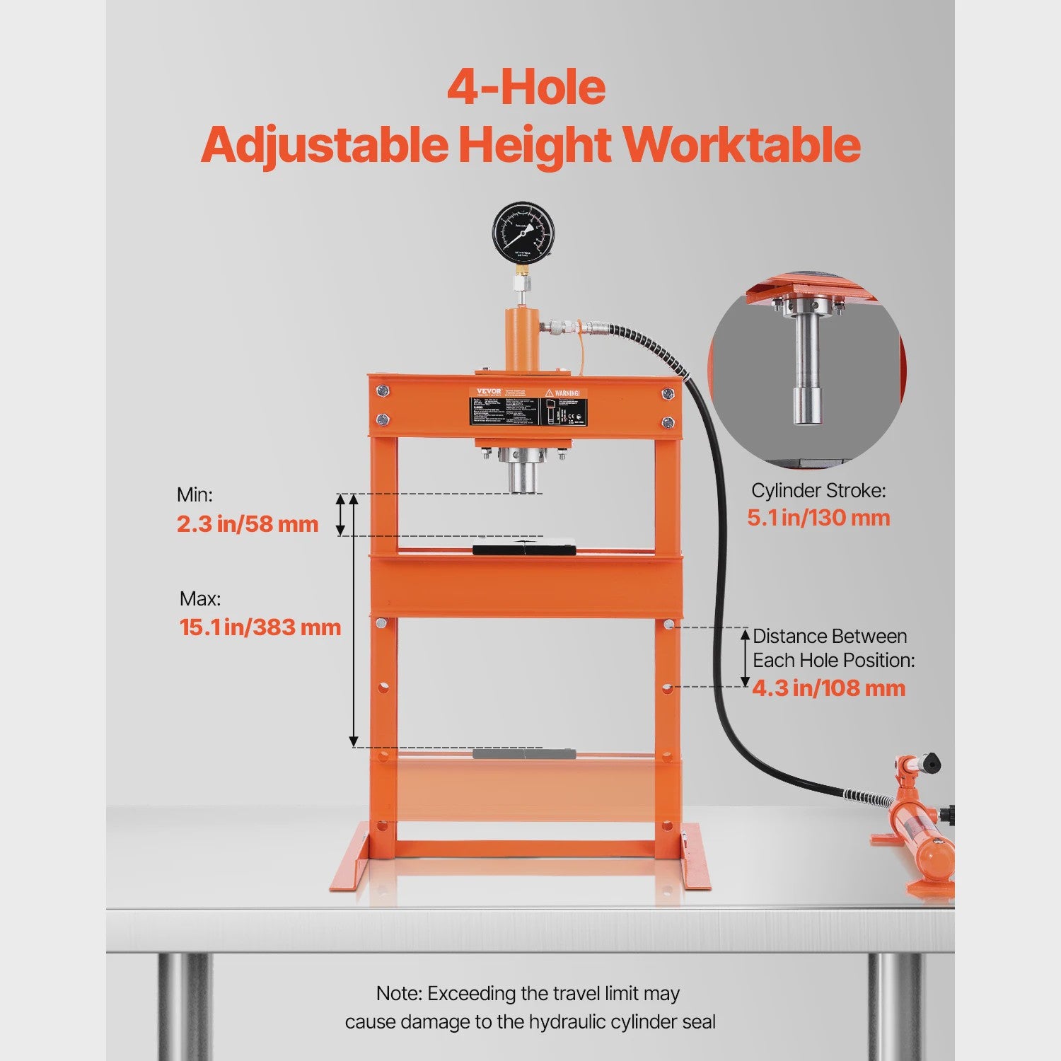 Hydraulische Werkplaatspers 10 Ton - H-Frame met Verstelbare Persplaat