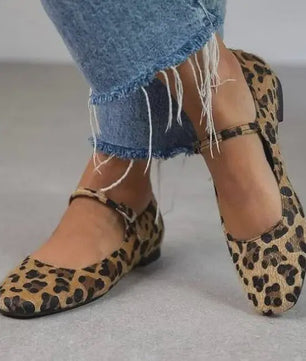 Dames Platte Schoenen met Luipaardprint, Drie Gespen en Ponyhaar Textuur