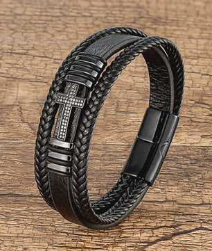 Leren Kruis Armband met Zirkonia - Stijlvol voor Hem en Haar