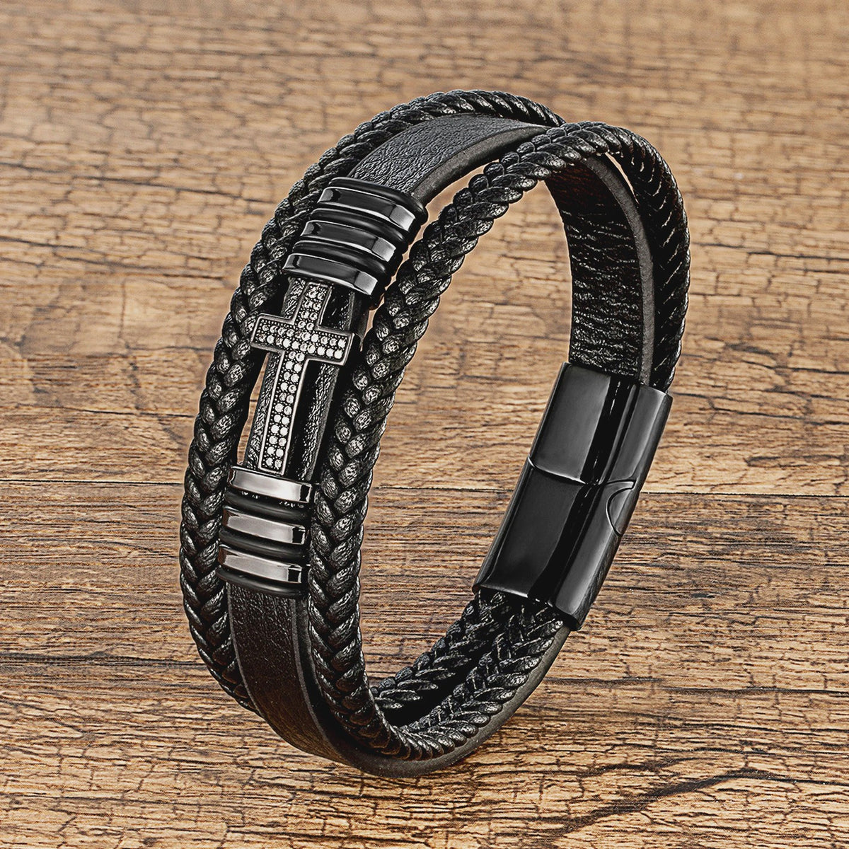 Leren Kruis Armband met Zirkonia - Stijlvol voor Hem en Haar