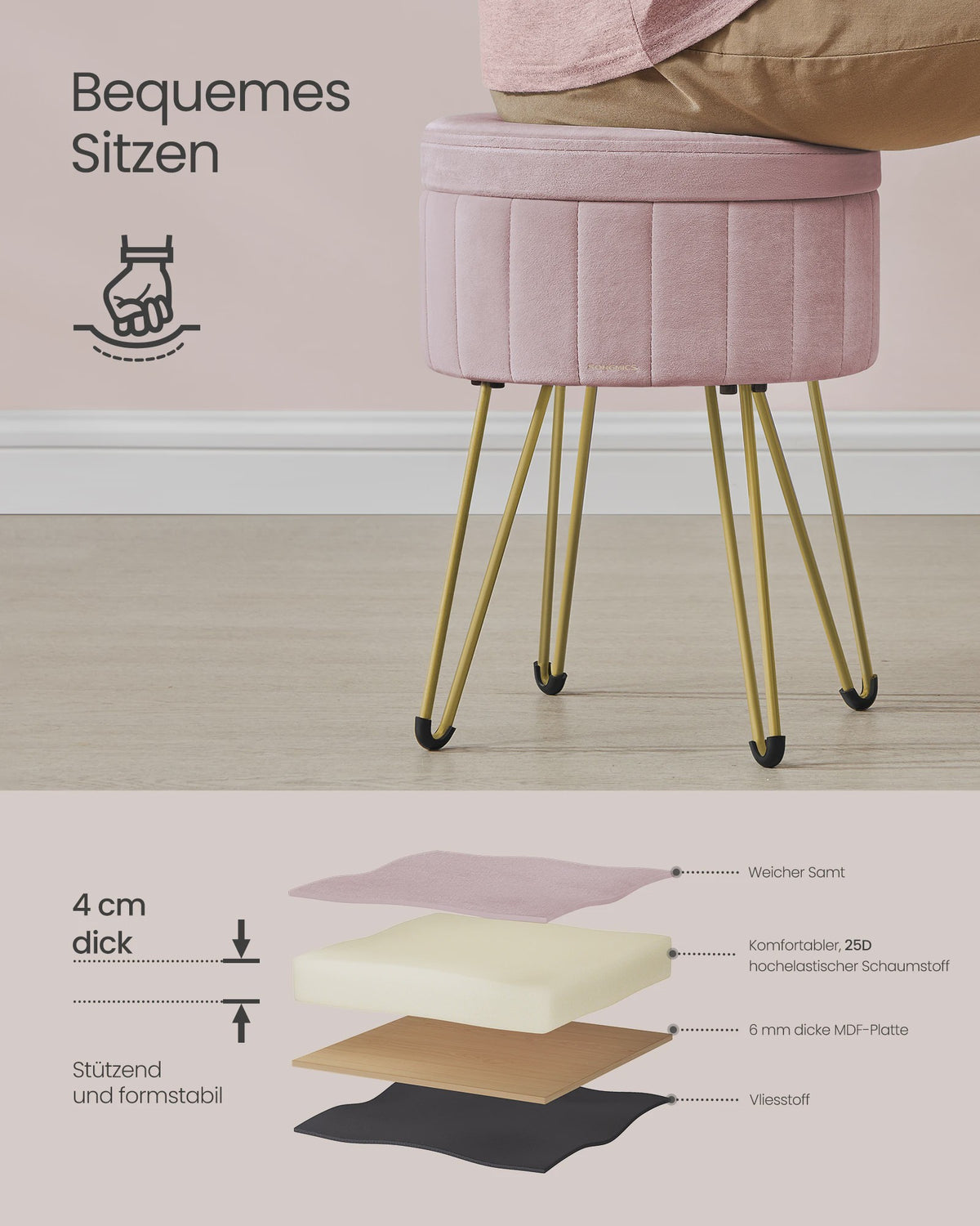 Verstelbare Fluwelen Poef met Opbergruimte en Metalen Poten - Elegant & Comfortabel