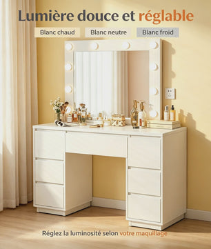 Witte Kaptafel met LED Spiegel, 8 Lades & Ingebouwd Stopcontact