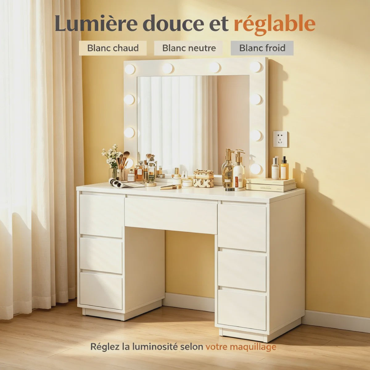 Witte Kaptafel met LED Spiegel, 8 Lades & Ingebouwd Stopcontact