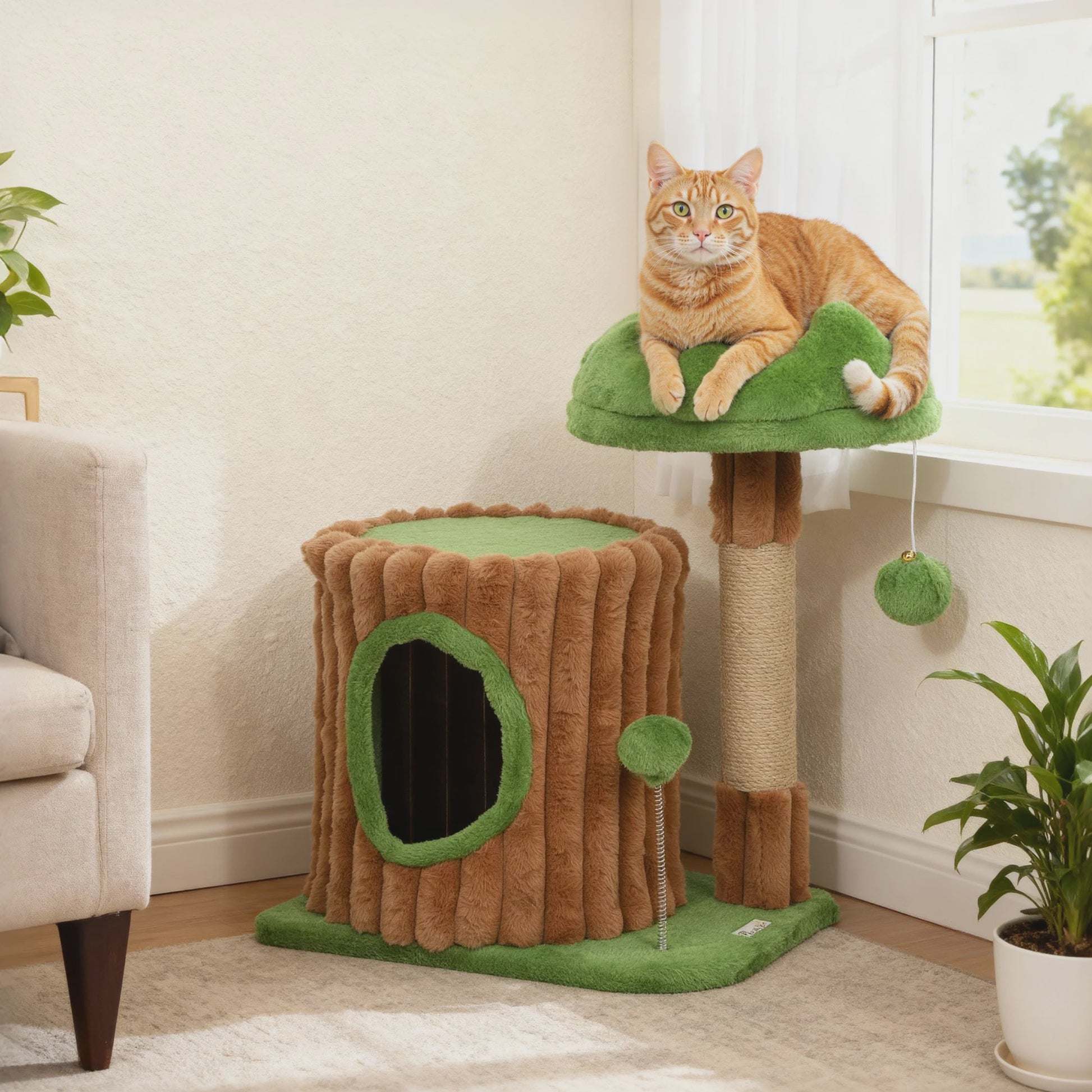 Pawhut Cat Scratching Tree 53 cm Trunk Design with House Bed Jute Post Balls Brown and Green