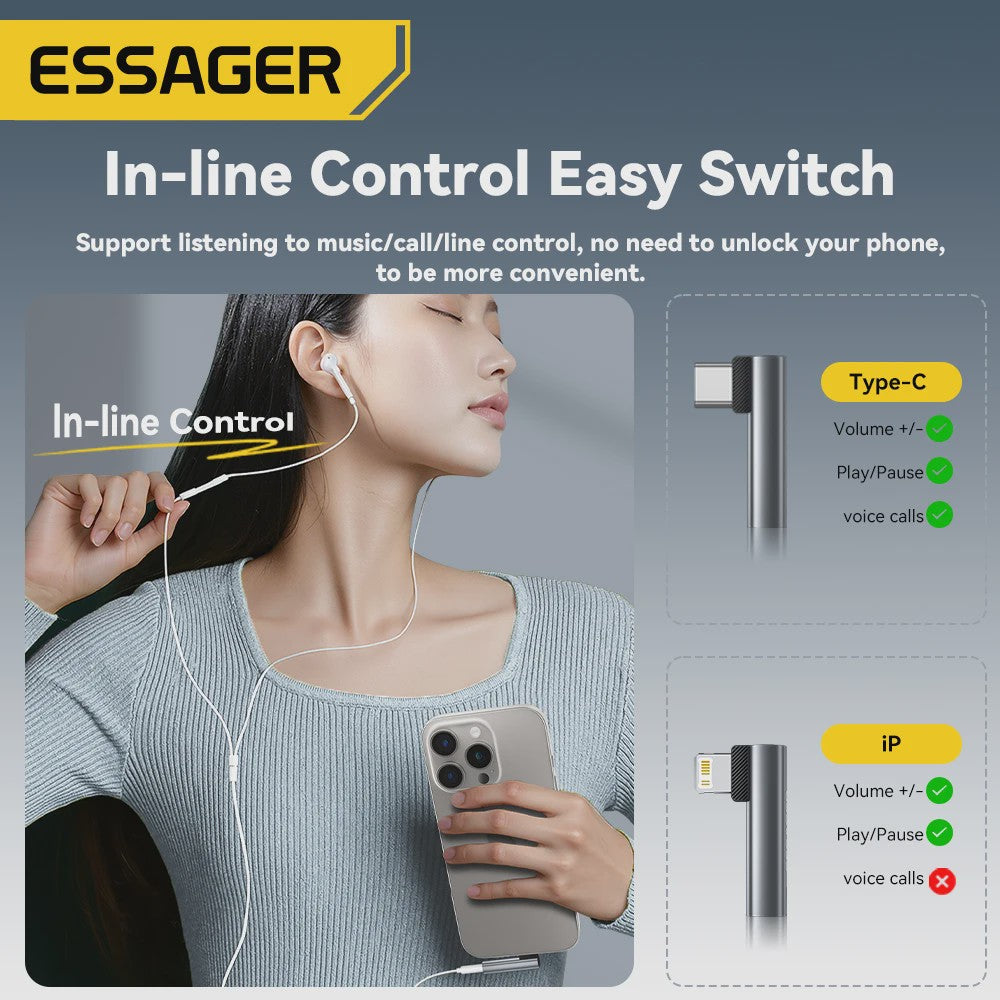 Essager L-vormige Audio Adapter: Type-C naar 3.5mm Jack & Lightning naar 3.5mm Koptelefoon