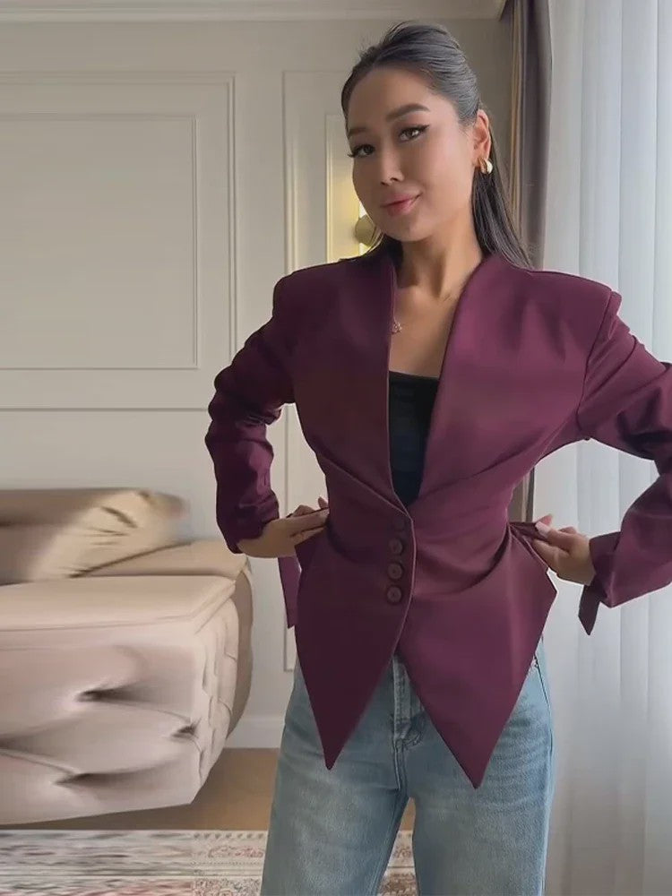 Dames Asymmetrische Blazer met V-hals en Lange Mouwen - Casual Lente Jasje