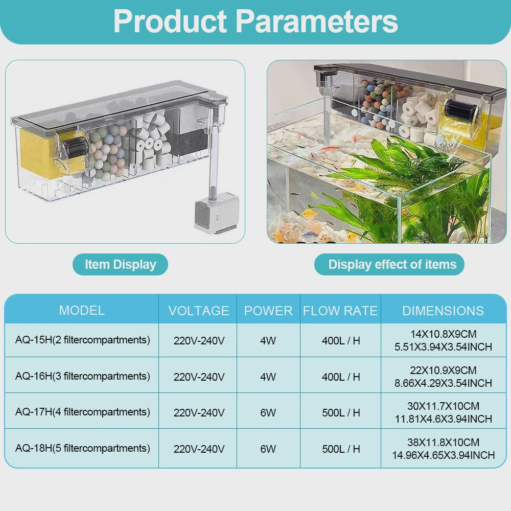 Multifunctioneel Aquarium Filter met Waterval & 4-Traps Filtratie - Stil & Zuurstofrijk