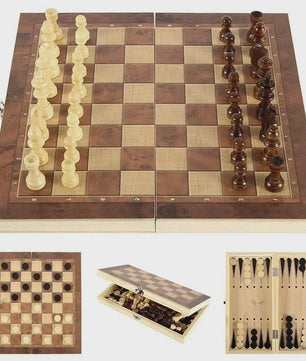 3-in-1 Houten Schaken, Dammen en Backgammon Spel - Draagbaar en Opvouwbaar