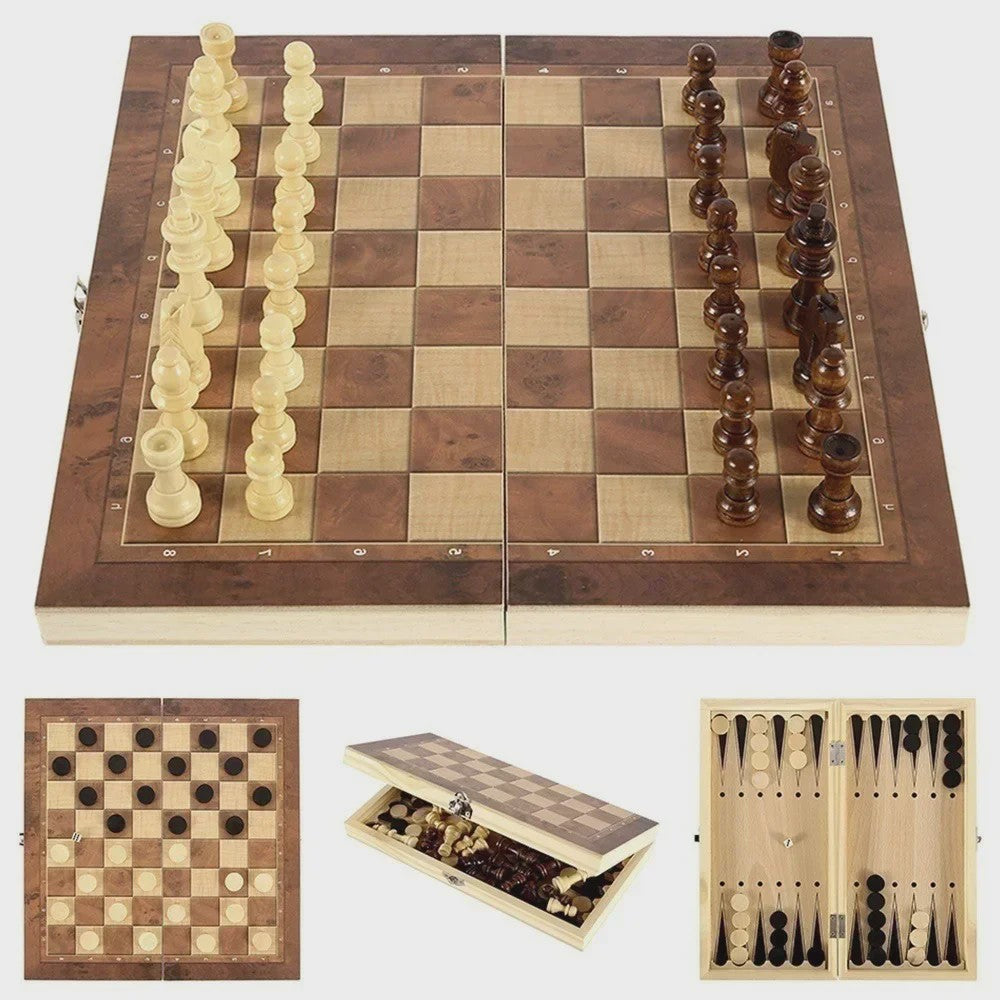 3-in-1 Houten Schaken, Dammen en Backgammon Spel - Draagbaar en Opvouwbaar