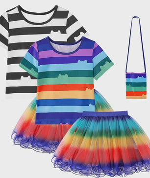 Meisjes Kleding Set: Zwart-Wit Katten T-shirt & Regenboog Tutu Rok met Accessoires