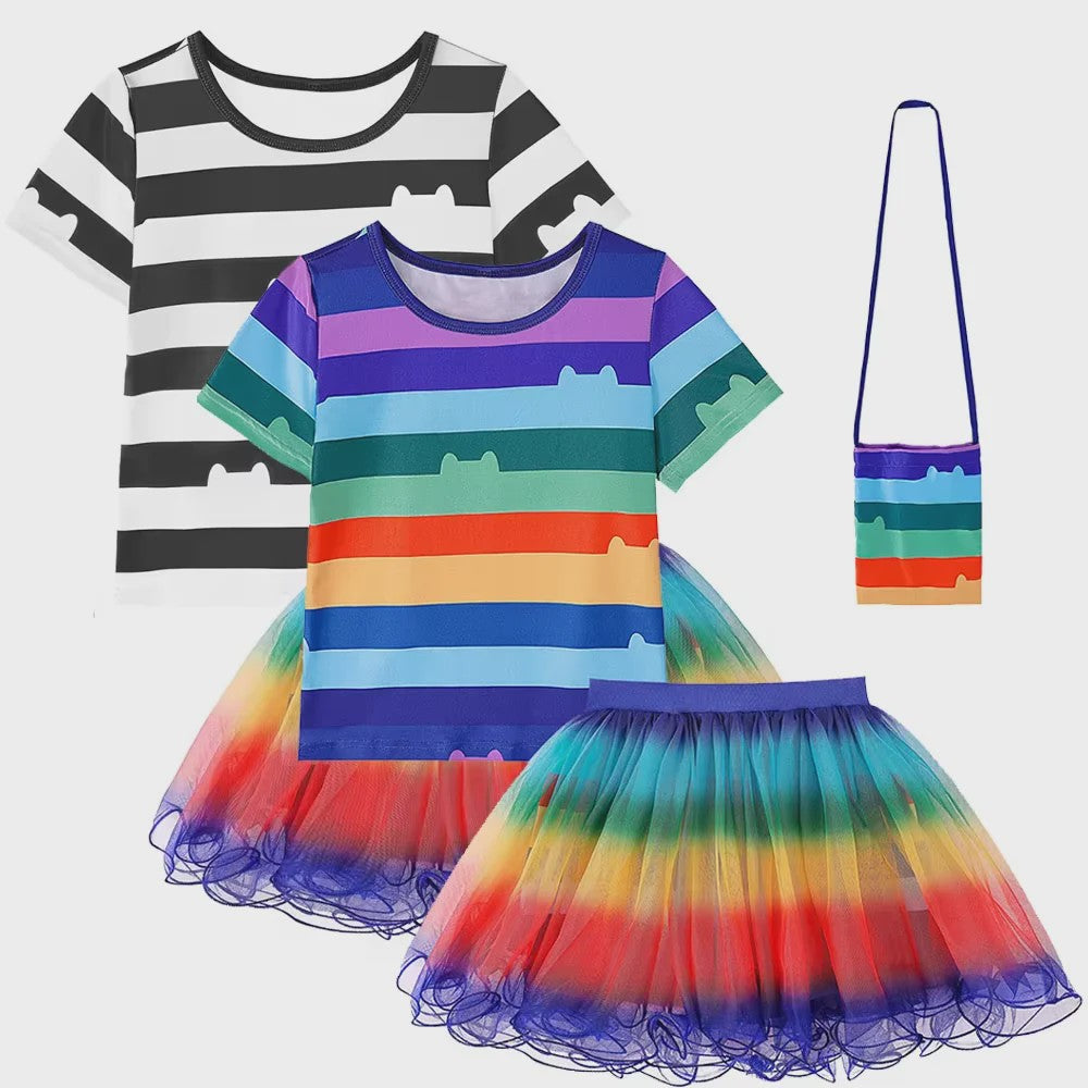 Meisjes Kleding Set: Zwart-Wit Katten T-shirt & Regenboog Tutu Rok met Accessoires