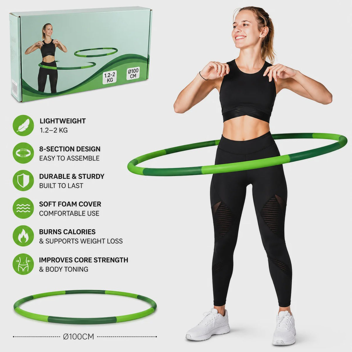 Verstelbare Fitness Hula Hoop voor Volwassenen - 1.2-2KG, 8-Delig, Ø100cm