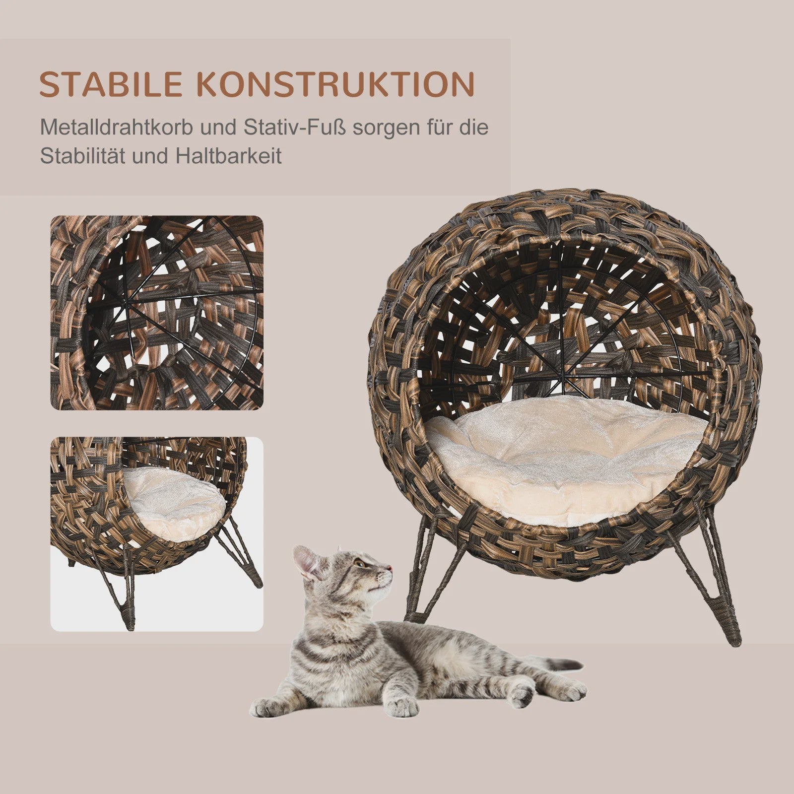 Ronde rotan kattenmand met kussen en verhoogde pootjes - Bruin