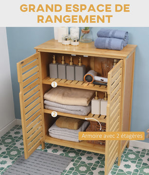 Bamboo Badkamerkast met 3 Niveaus en Dubbele Lameldeuren - 68x32x86 cm - Natuurlijk