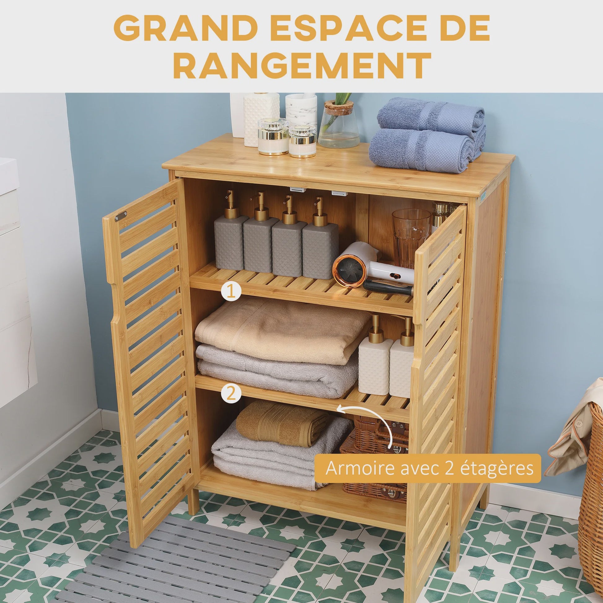 Bamboo Badkamerkast met 3 Niveaus en Dubbele Lameldeuren - 68x32x86 cm - Natuurlijk
