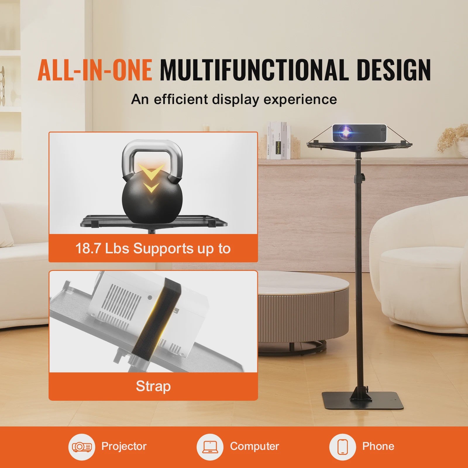 Verstelbare Projector Vloerstandaard met Tray - Ideaal voor Thuis, Kantoor & Studio