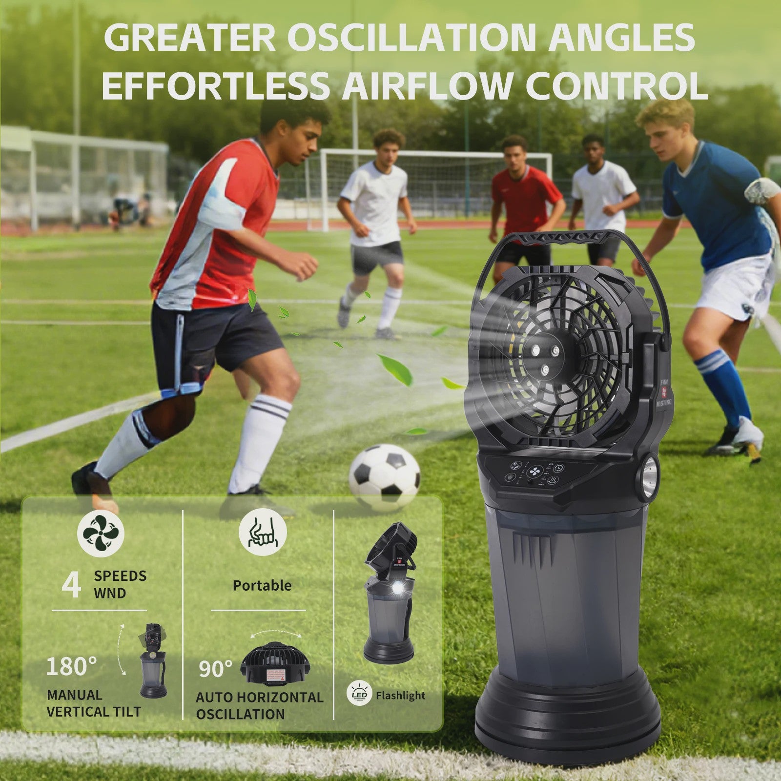 Draagbare Camping Ventilator met Vernevelaar, 2000ml Tank, 15000mAh Batterij & RGB LED Verlichting