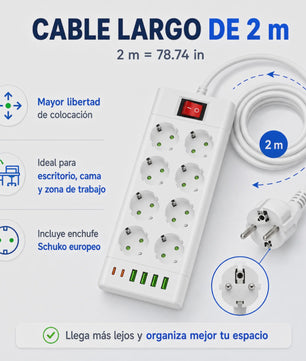 Universele Stekkerdoos met 6 of 8 Schuko Stopcontacten en 6 USB Poorten (2x USB-C, 4x USB-A), 2m Kabel, Wit