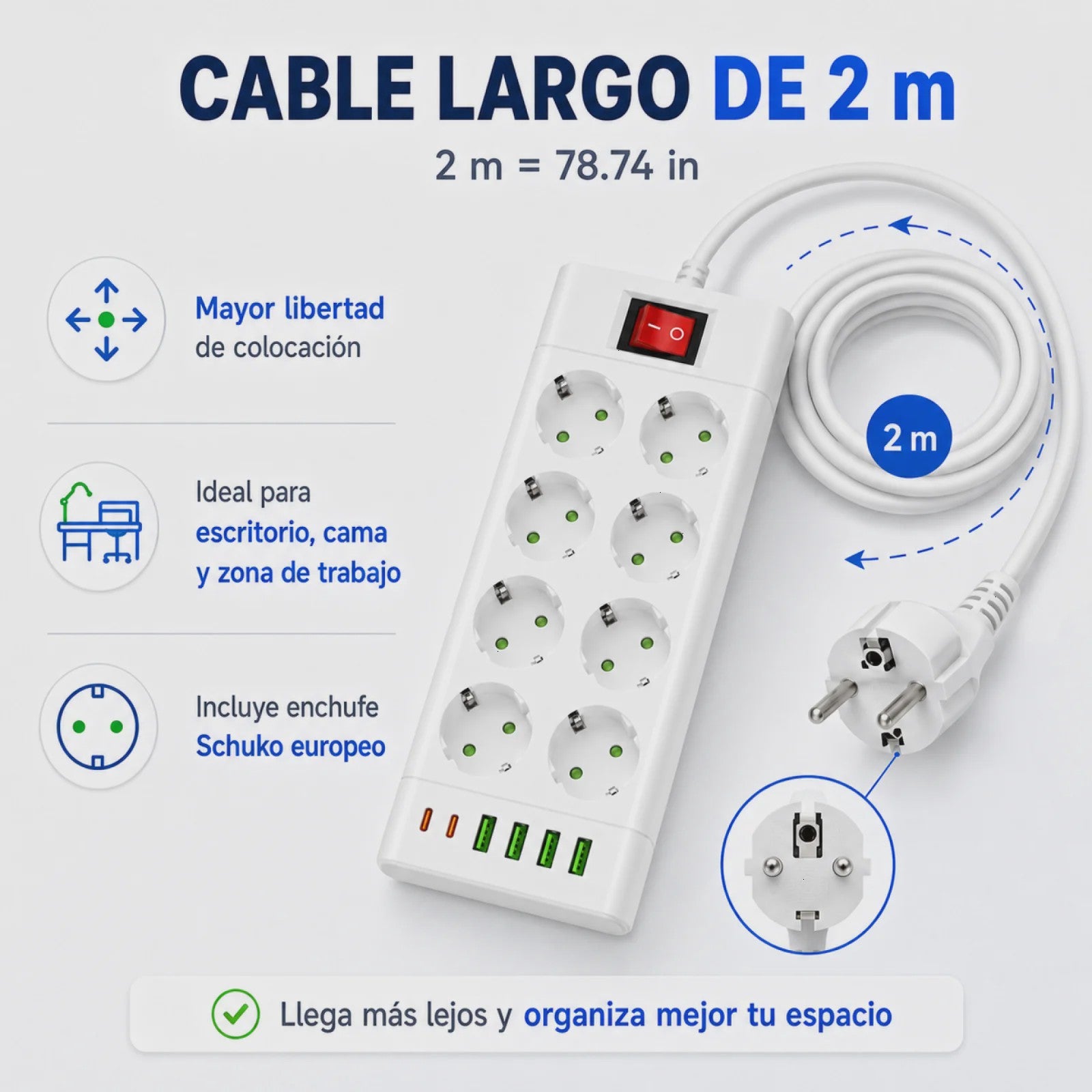 Universele Stekkerdoos met 6 of 8 Schuko Stopcontacten en 6 USB Poorten (2x USB-C, 4x USB-A), 2m Kabel, Wit