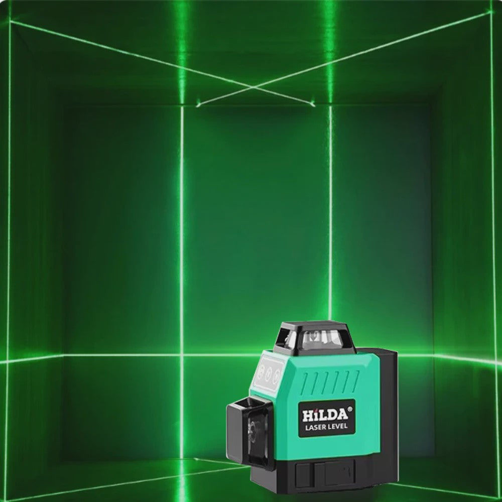 HILDA 3D Laser Waterpas - 12 Groene Lijnen, Zelfnivellerend, 360° Kruis, Draagbaar
