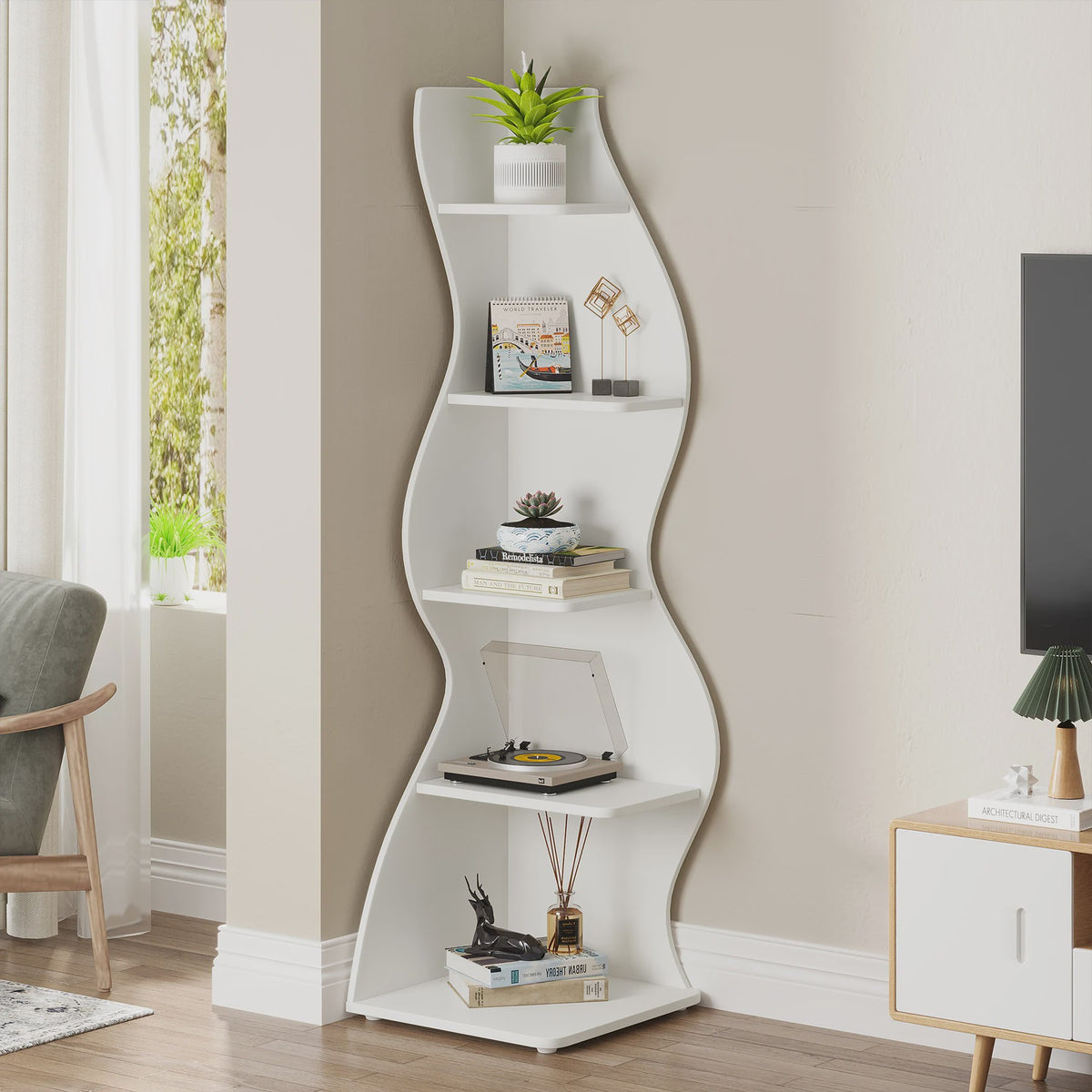 Stijlvolle Golvende Hoekboekenkast met 5 Niveaus - Ruimtebesparend en Decoratief