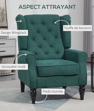 Groene Gestoffeerde Wingback Fauteuil met Brede Zitting en Klassieke Stijl