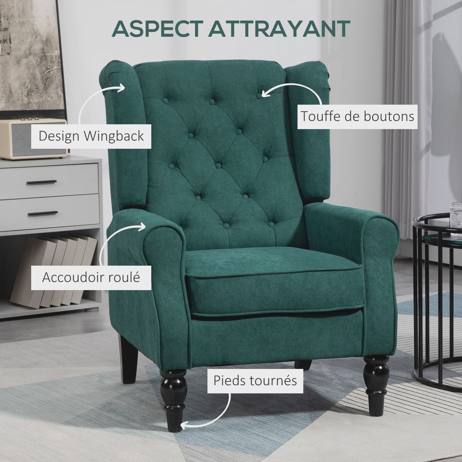 Groene Gestoffeerde Wingback Fauteuil met Brede Zitting en Klassieke Stijl