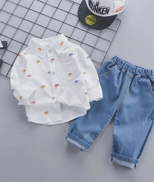 Schattige Baby Jongens Kleding Set: Auto Print Overhemd met Lange Mouwen & Denim Broek