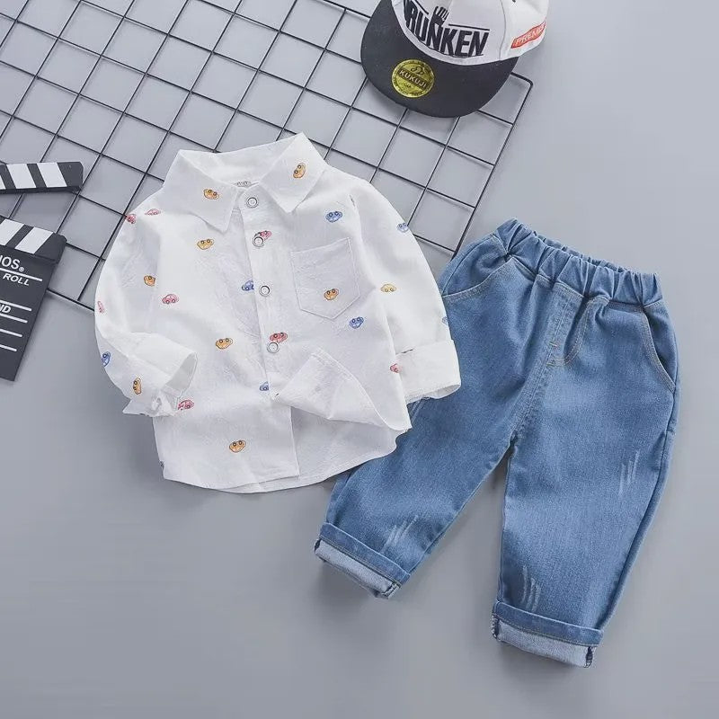 Schattige Baby Jongens Kleding Set: Auto Print Overhemd met Lange Mouwen & Denim Broek