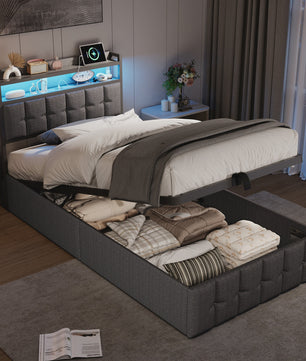 Modern Eenpersoons Bed 90x200cm met LED, USB en Opbergruimte
