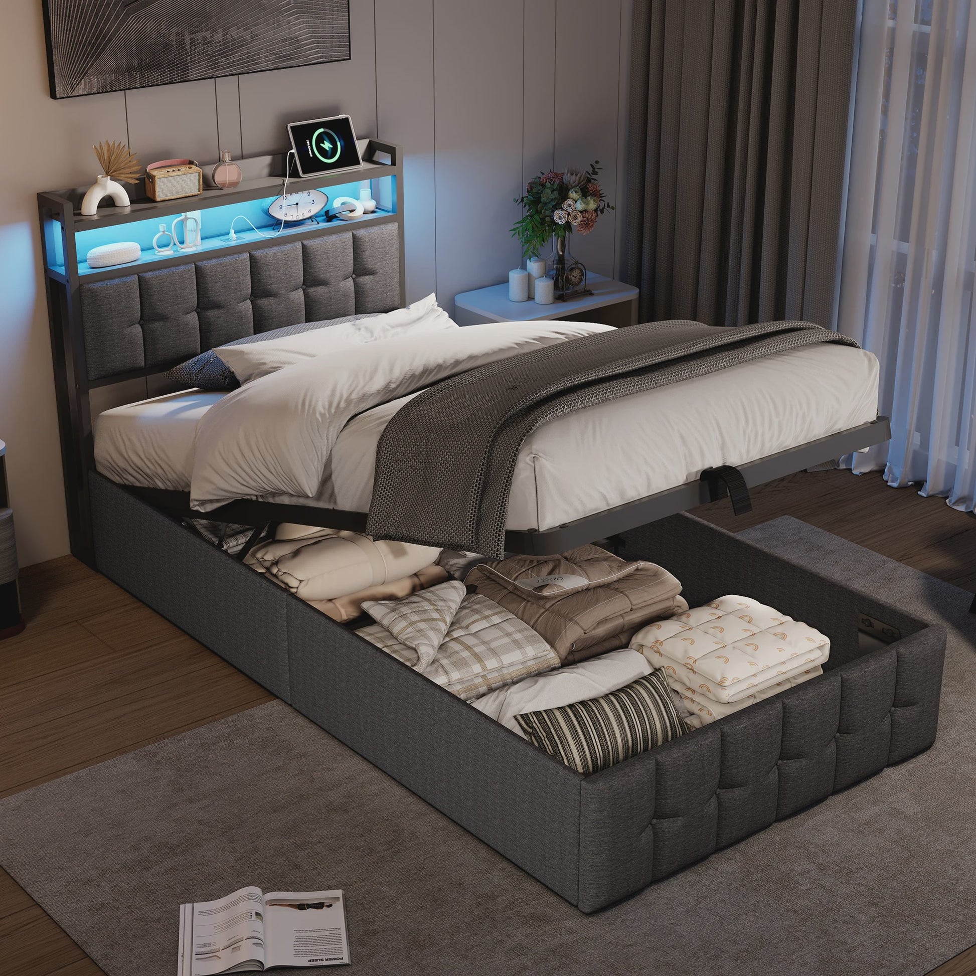 Modern Eenpersoons Bed 90x200cm met LED, USB en Opbergruimte
