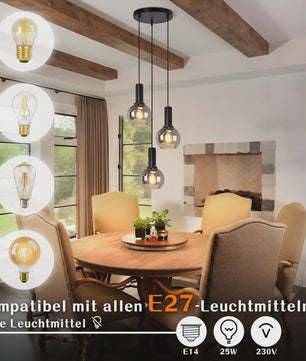 3-Lichts Hanglamp Glas - Vintage Stijl Pendellamp voor Eettafel & Woonkamer - In Hoogte Verstelbaar
