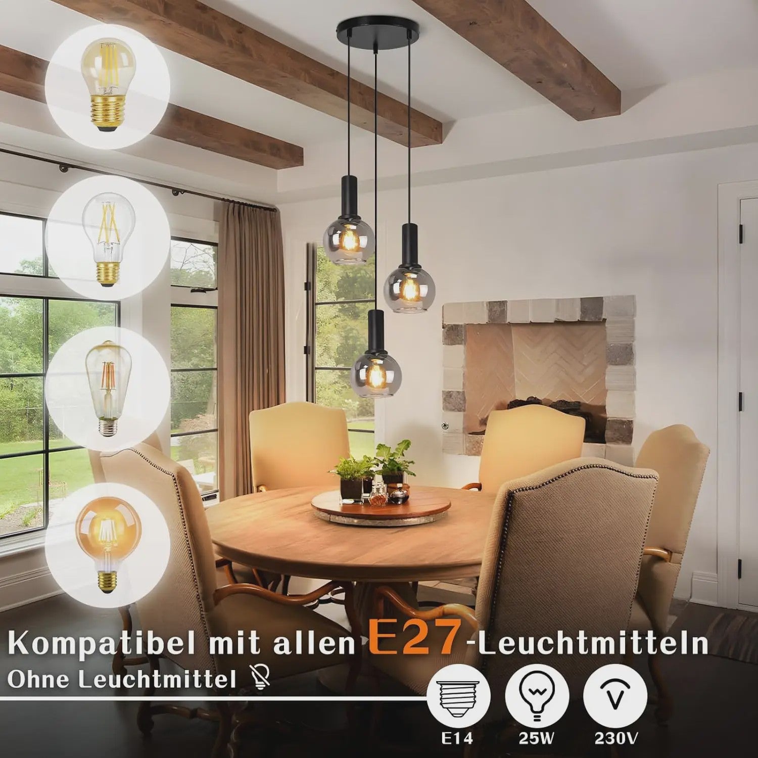 3-Lichts Hanglamp Glas - Vintage Stijl Pendellamp voor Eettafel & Woonkamer - In Hoogte Verstelbaar