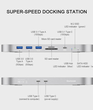 Qwiizlab USB-C Hub Docking Station voor Mac Mini M2/M1 met Dubbele Drive Enclosure & Card Reader