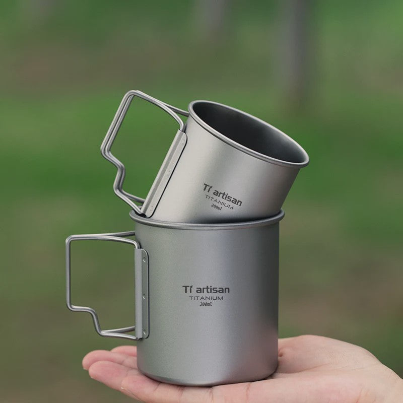 Tiartisan Titanium Mok met Opvouwbaar Handvat - Lichtgewicht & Draagbaar voor Outdoor Avonturen