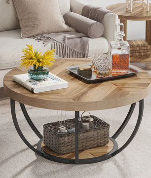 Industriële Ronde Salontafel 80cm met 2 Lagen Opslag - Modern Hout & Metaal