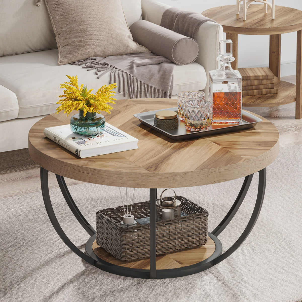 Industriële Ronde Salontafel 80cm met 2 Lagen Opslag - Modern Hout & Metaal