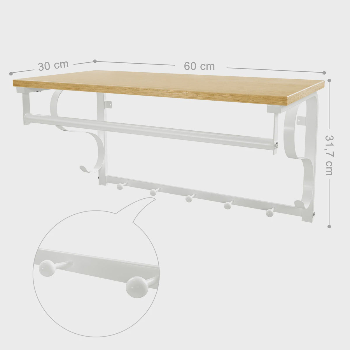 VASAGLE Wandkapstok met Plank en 5 Haken - 60x30x31.7 cm