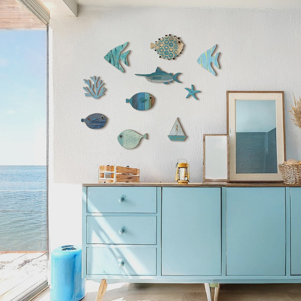 Houten Oceaan Muurdecoratie Set: Vissen, Koraal, Zeester & Zeilboot - Kuststijl Huisdecoratie