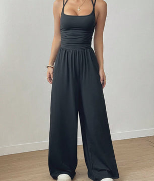 Dames Jumpsuit met Wijde Pijpen en Plissédetaillering - Casual Zomer & Lente