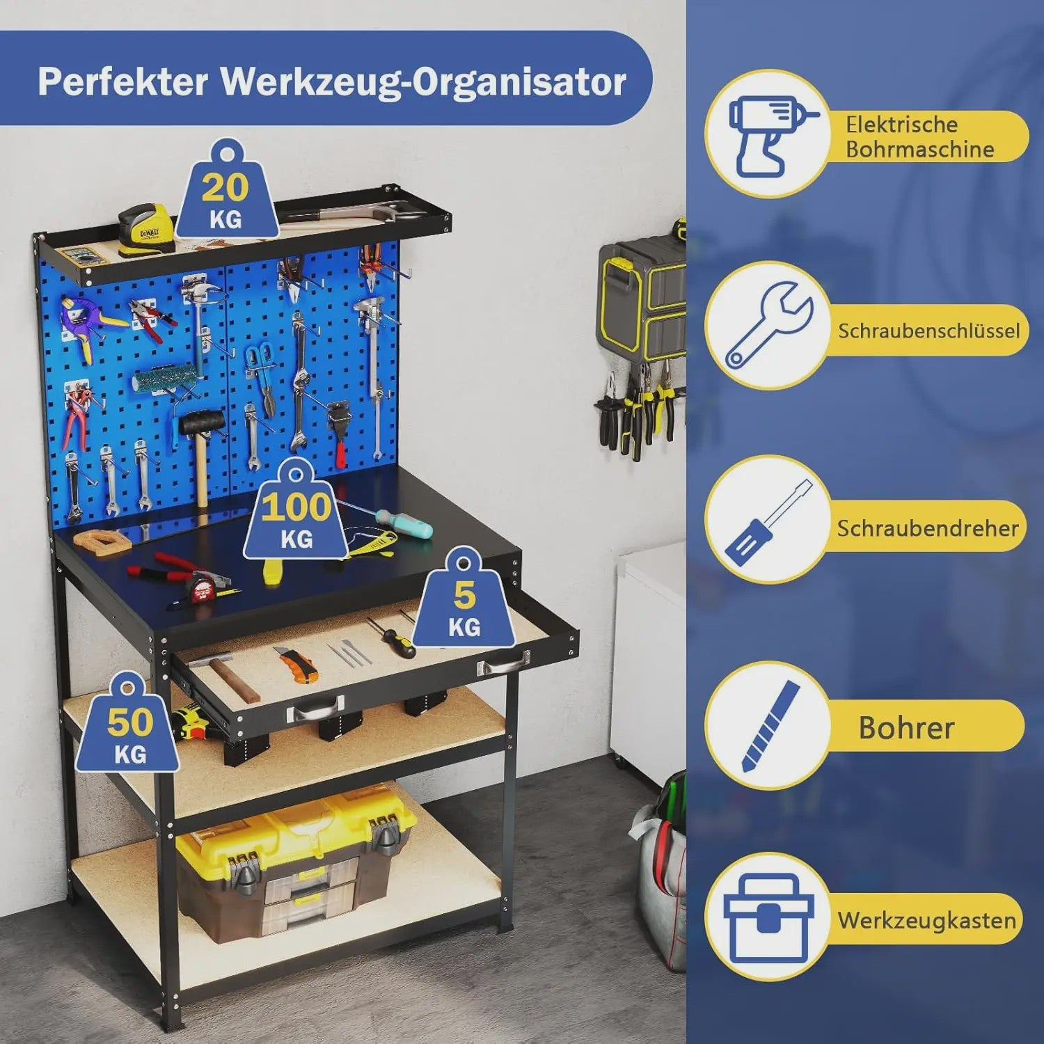 Robuuste Werkbank 81x41 cm met 225 kg Draagkracht - Blauwe Werktafel voor Garage & Werkplaats