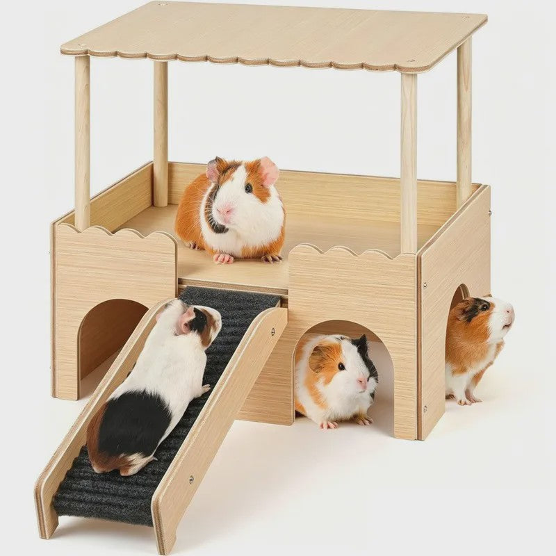 Houten Kasteel Speelhuisje voor Cavia's en Kleine Huisdieren met Klimtrap