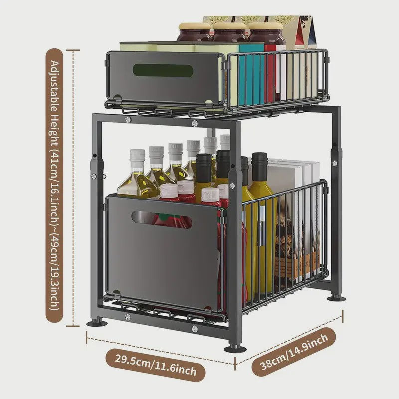 2-Laags Uittrekbare Kast Organizer - Verstelbare Keuken Opbergmand Onder Spoelbak