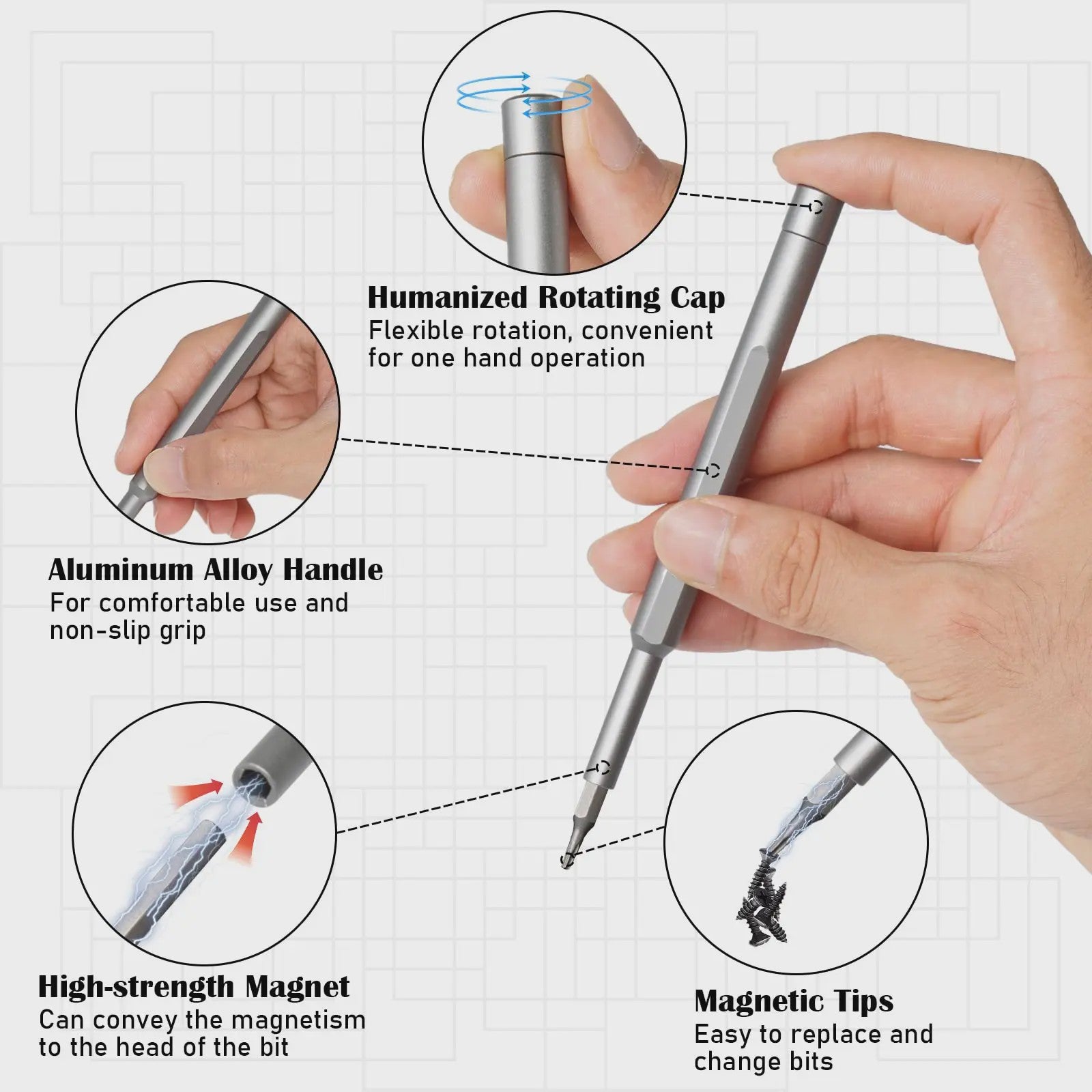 64-delige Precisie Schroevendraaierset met Magnetische Bits en Aluminium Handvat
