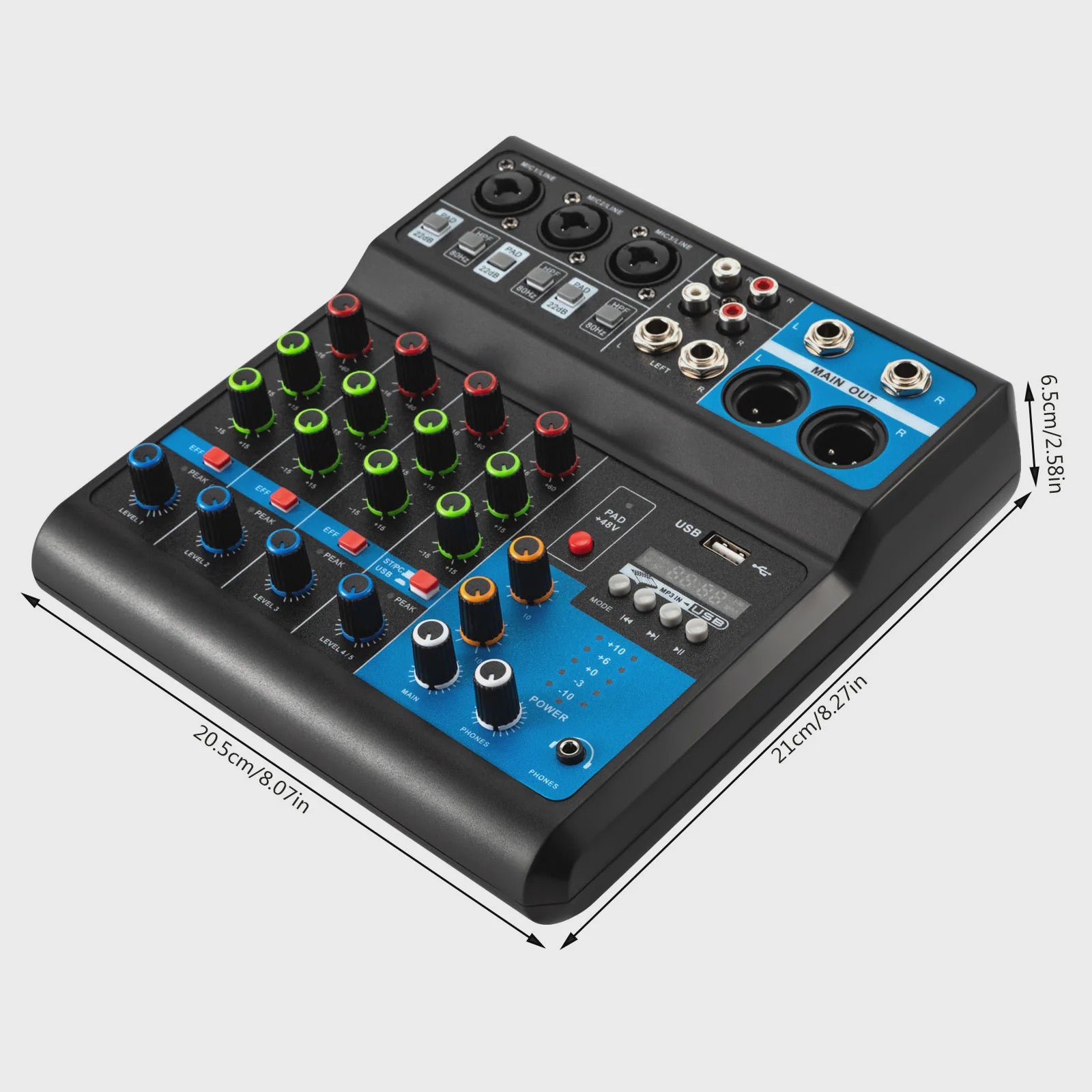 5-Kanaals Audio Mixer met 48V Fantoomvoeding, Bluetooth 5.0 & USB - Professionele Geluidskaart voor Streaming & KTV